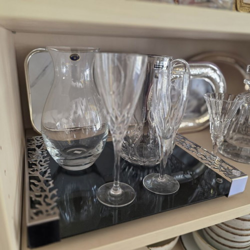 Rectangular tray with silver handles and smoked mirror