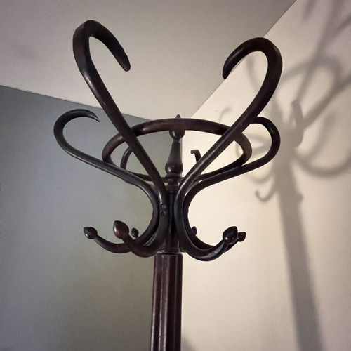 Vintage Thonet wooden coat stand used with umbrella base