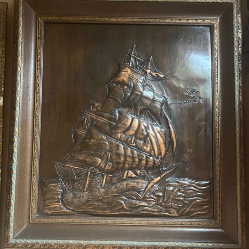 Chalcography painting used, ship theme, 80x70 cm