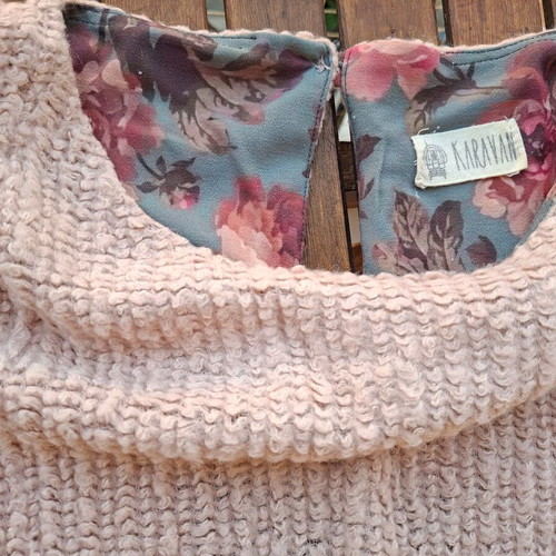 Karavan knitted dress with floral ruffle, dusty pink and petrol