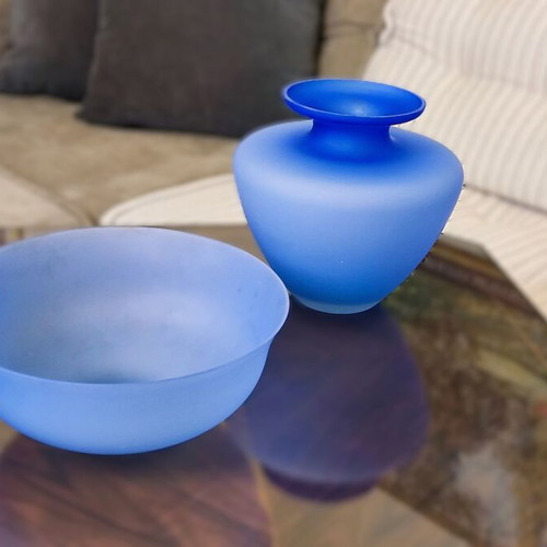 Modern glass vase and bowl set frosted blue like new