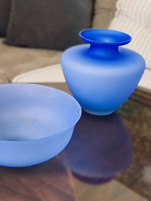 Modern glass vase and bowl set frosted blue like new