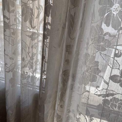 Curtain set used, 5 pieces with floral embroidered sheer and blackout curtains