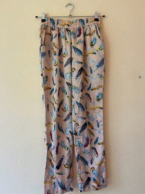 Satin pants like new, pink with feather pattern, sizes S/M