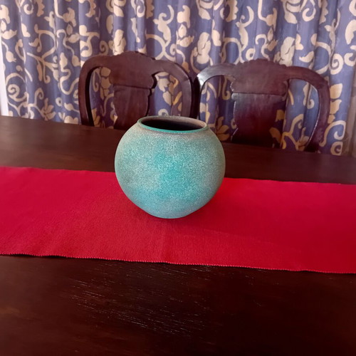 Clay vase round shape in blue-green shade like new