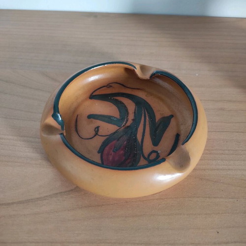 Vintage handmade ceramic ashtray in earthy colors with flower motif like new