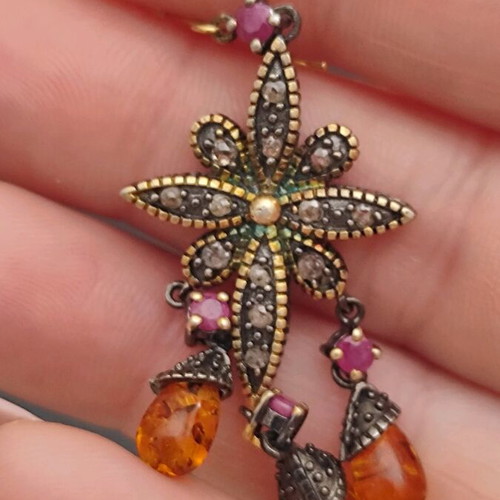 Earrings used silver-gold with diamonds, rubies and amber