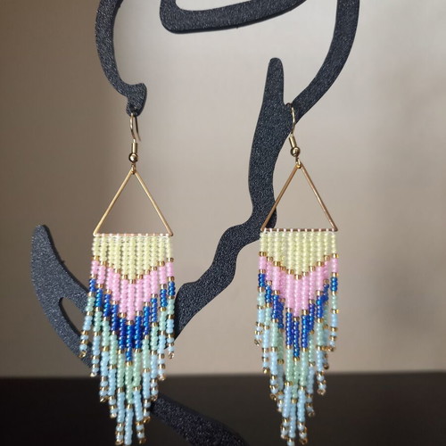 Handmade earrings with pastel tassels, gold triangle and steel hook