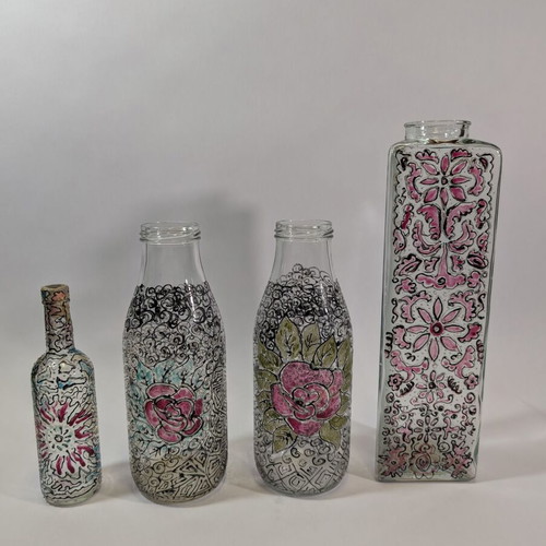 Decorative enamel-painted bottles vases used, set of 4 pieces