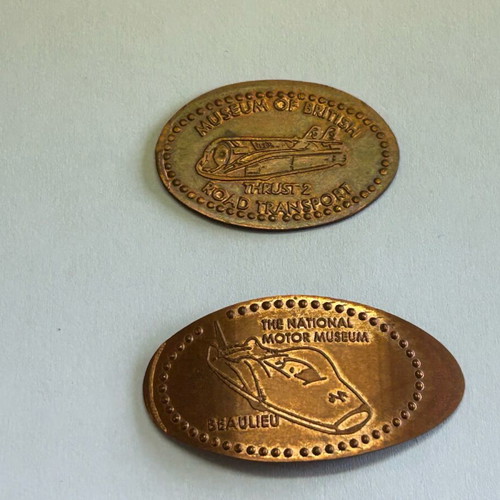 Souvenir coins used, pack of 2, British Museum Thrust 2 and National Motor Museum Beaulieu