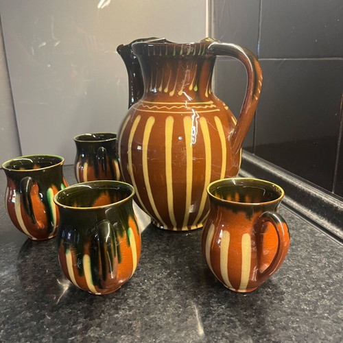Clay set used, handmade painted jug and 4 cups