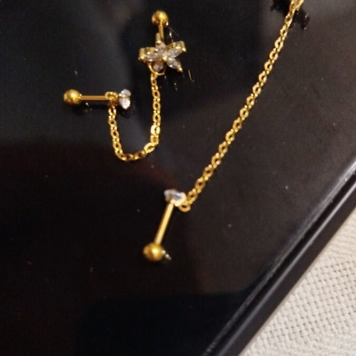Women's flower earrings made of stainless steel with artificial stones and chain, like new