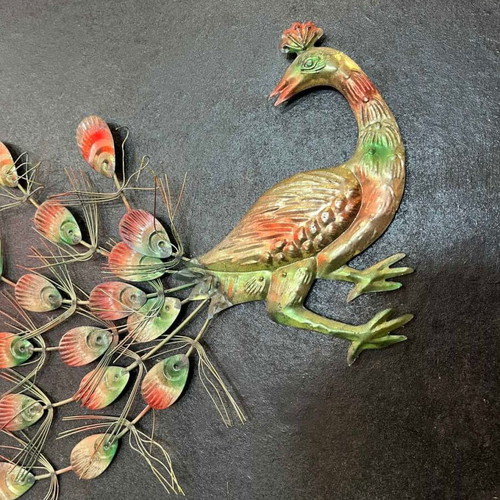 Vintage handmade wooden wall frame with metal peacock decoration '70 60x60