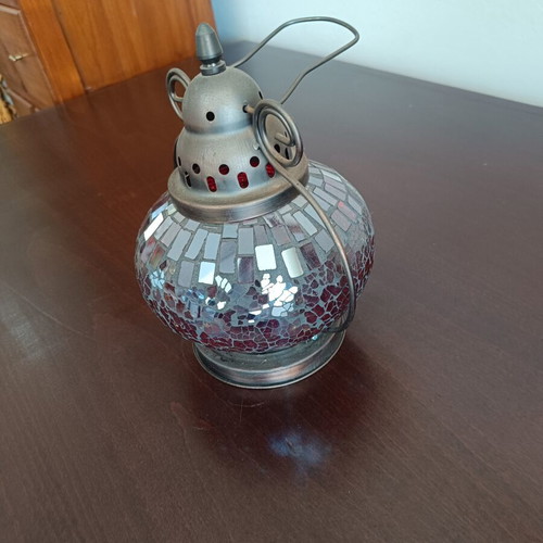 Decorative lantern with mosaic glass and metal frame used