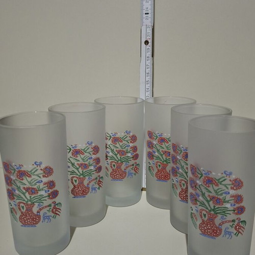 Collectible set of 6 matte glass tumblers with Benaki Museum design like new