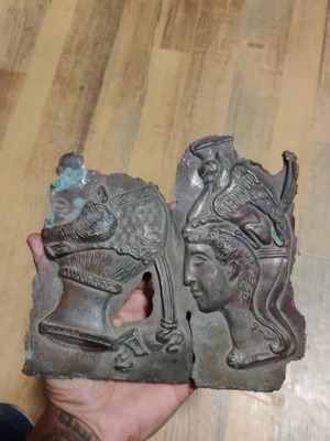 Antique Copper Relief Plaque Athena with Griffin Helmet and Lion Rhyton used