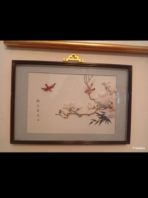 Chinese 3D Diorama 1960 Signed Feather Art in Black Lacquer Frame Like New