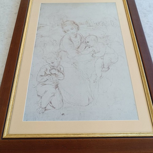 Engraving-style painting, children's scene, 0.80x0.60 m, vintage