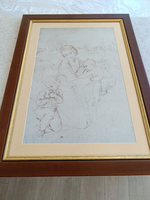 Engraving-style painting, children's scene, 0.80x0.60 m, vintage