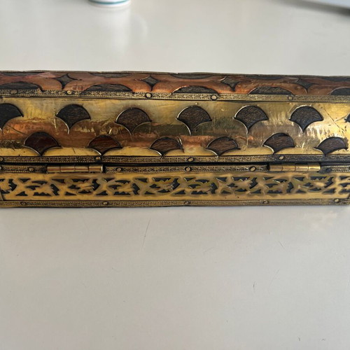 Vintage cigar case decorative box wood with brass and copper