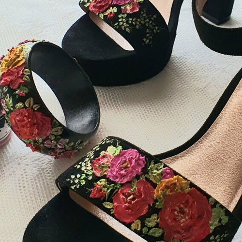 Sandals new with hand-painted flowers, faux suede, size 37