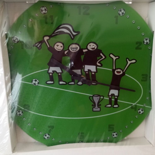 Wall clock with football theme, quartz mechanism, glass/plastic surface