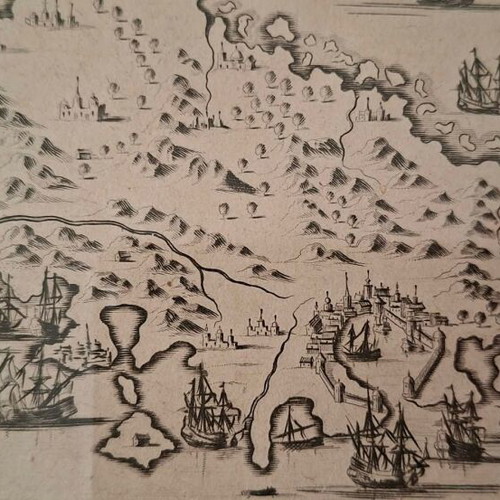 Engraving of Rhodes 1687 by O. Dapper used, copperplate with frame
