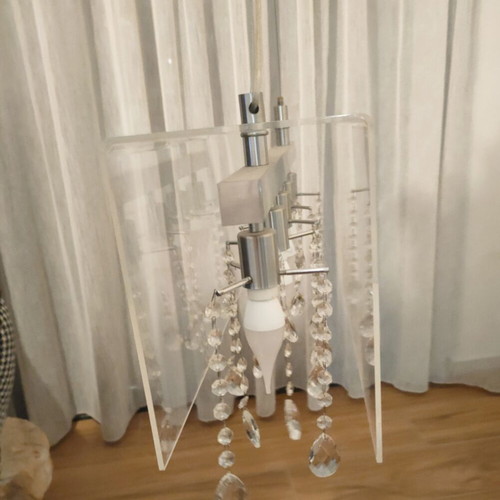 Ceiling light with plexi glass frame and hanging crystals like new
