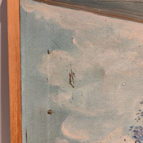 Oil painting on canvas used, flowers in window with wooden frame