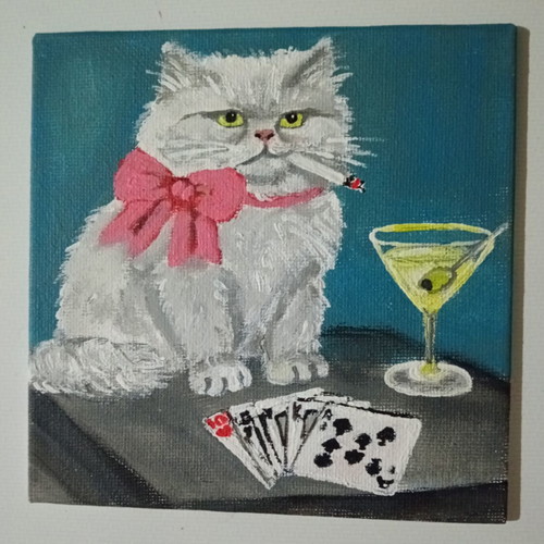 Handmade cat painting on canvas with playing cards and smoking