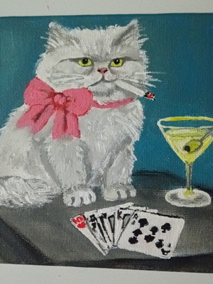 Handmade cat painting on canvas with playing cards and smoking