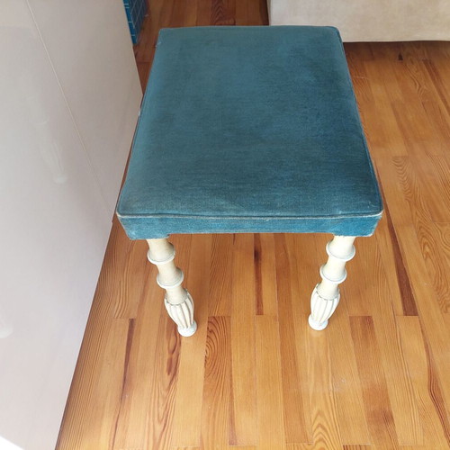 Wooden vintage antique stool 1970, petrol velvet patina