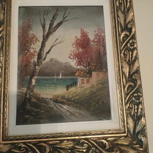 Signed landscape painting with antique double frame, like new