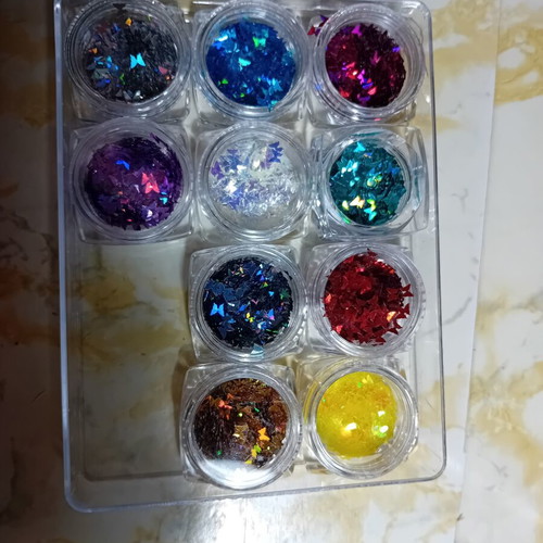 Nail art pigments and glitters used, various colors