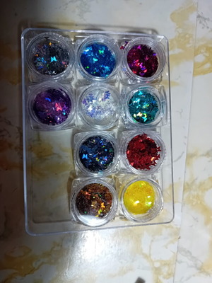 Nail art pigments and glitters used, various colors