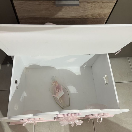 Wooden Baptism Carriage used, decorated with pink tulle