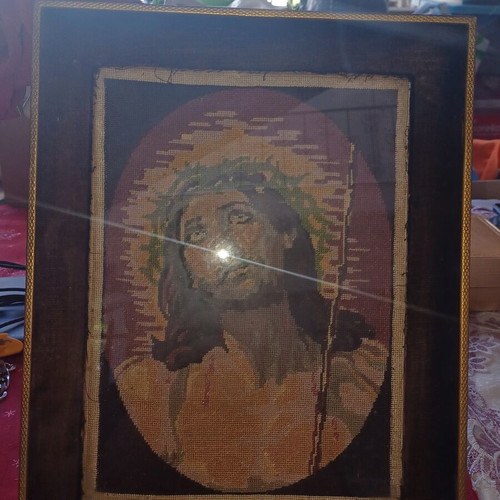 Embroidered religious framed artwork with Jesus Christ used
