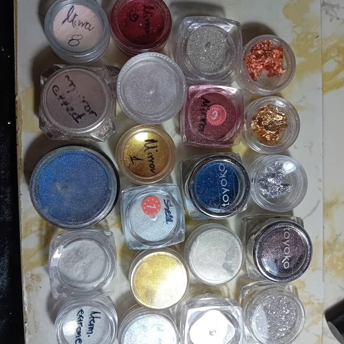 Nail art pigments and glitters used, various colors