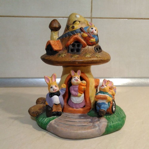 Ceramic Easter Tree House with Rabbits collectible, used
