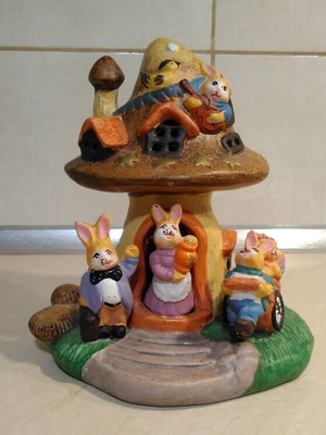 Ceramic Easter Tree House with Rabbits collectible, used