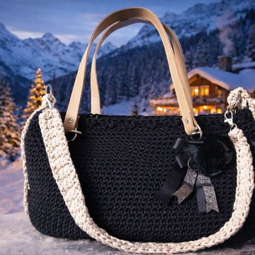 Handmade shoulder bag new, black with ecru details