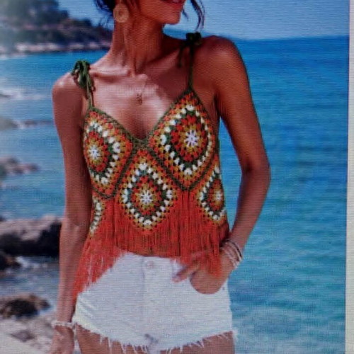 Handmade knitted top new, soft cotton, orange and green, size L