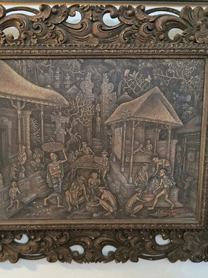 Canvas painting with carved wooden frame like new, Bali 1990
