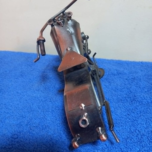 Handmade miniature metal motorcycle sculpture used, vintage chopper style