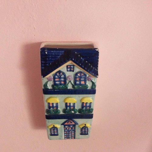 Ceramic wall decor used, unknown potter flower vase