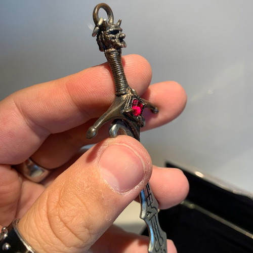 Alchemy Gothic Sword Pendant used, 1993, pewter and crystals