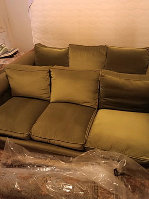 Velvet sofas used, set of 2, 1960s style with colorful cushions