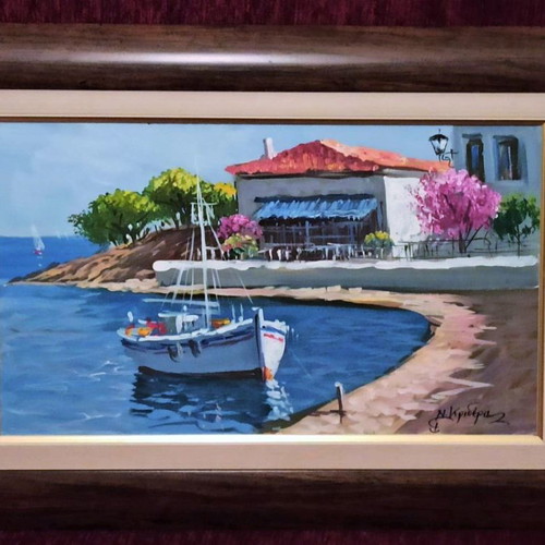 N. Krideras Limanaki Me Taverna canvas painting like new with frame