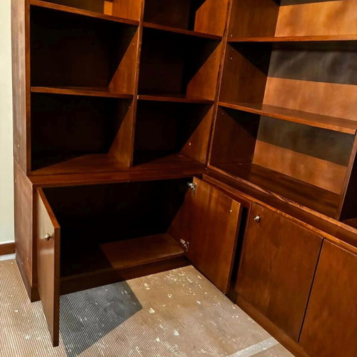 Corner bookcase, large brown wood, 24 shelves, 3 double cabinets