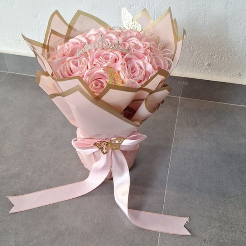 Handmade satin rose bouquet with tiara and golden butterflies